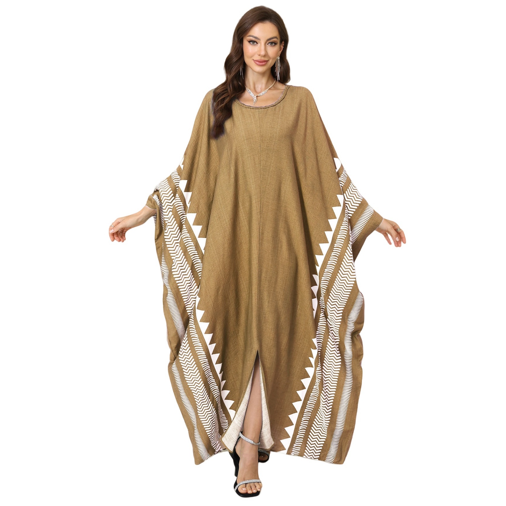 Geometric Pattern Kaftan Maxi Dress with Long Batwing Sleeves for Beach Cover Up